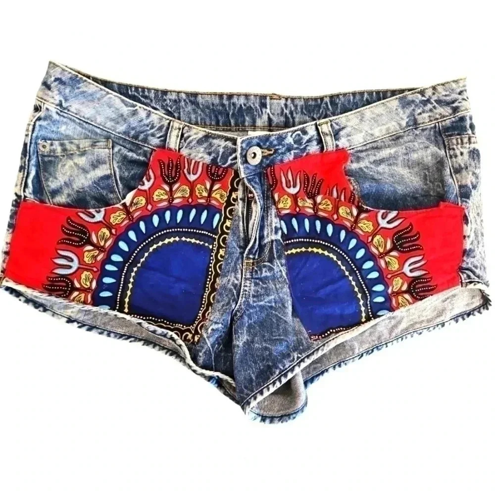 Womens Acid Wash Upcycled Jean Shorts Patch Girl X Press Sz 14